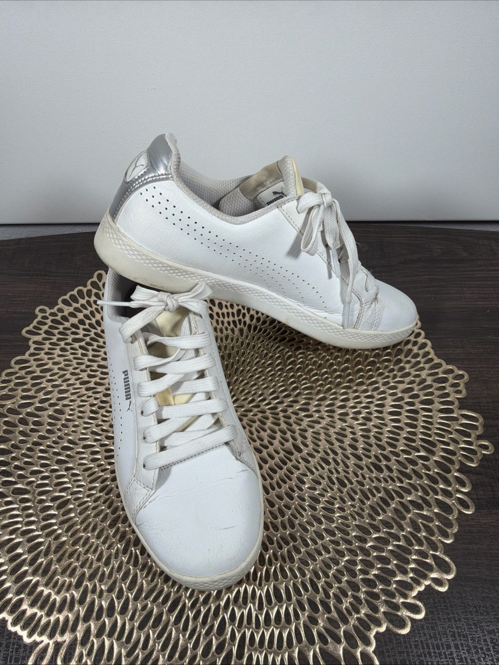 Puma Women's Smash Perf Met White Silver Sneaker Leather Shoes Sz 7